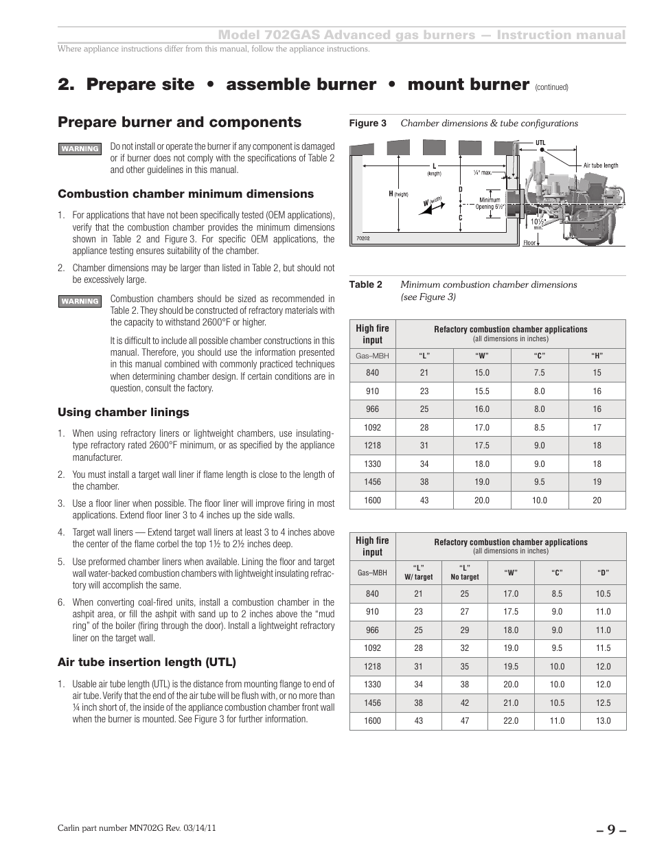 Prepare site • assemble burner • mount burner, Prepare burner and components, Combustion chamber minimum dimensions | Using chamber linings, Air tube insertion length (utl) | Carlin 702GAS Inst Manual User Manual | Page 9 / 32