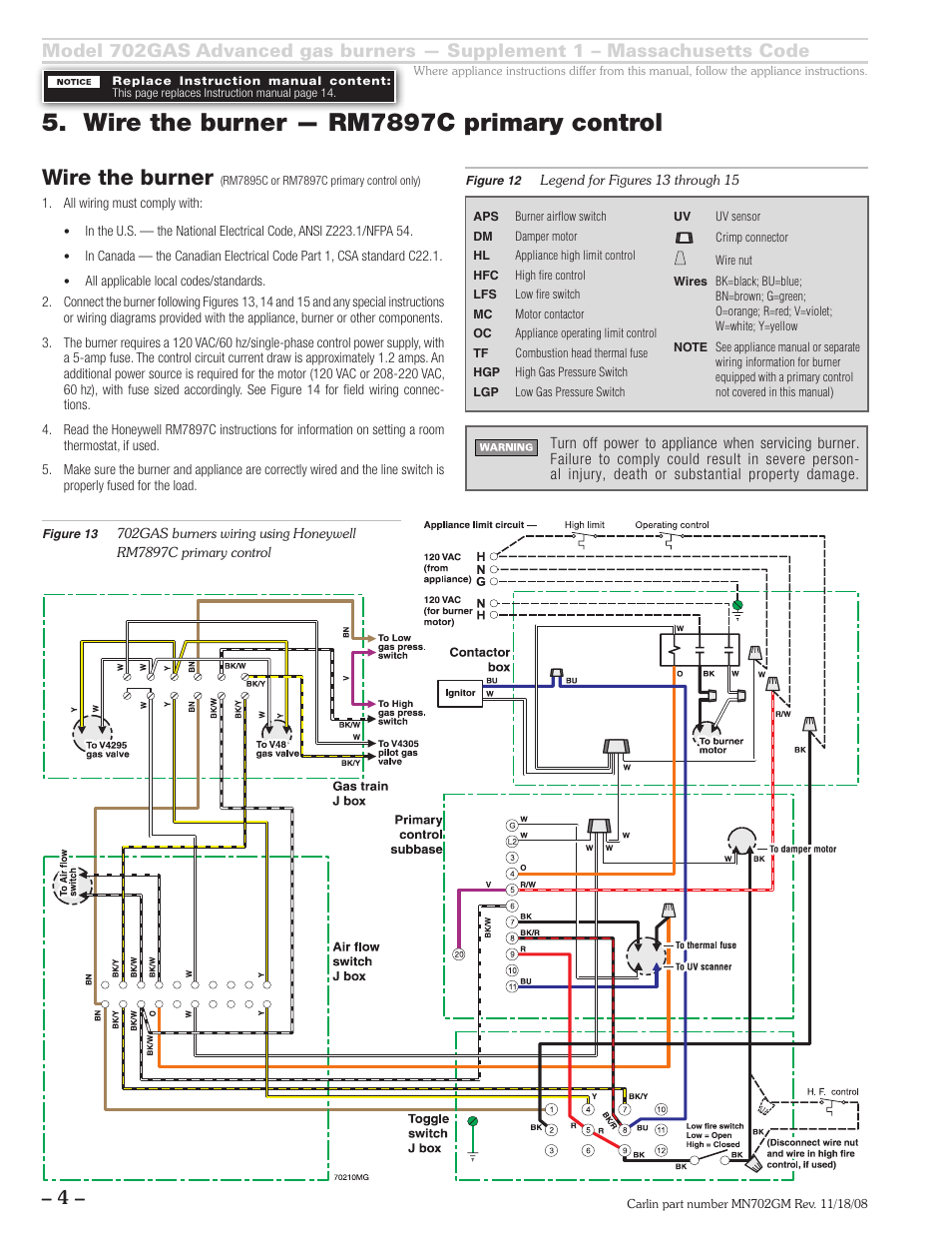 Wire the burner — rm7897c primary control, Wire the burner | Carlin 702GAS Supp. User Manual | Page 4 / 8