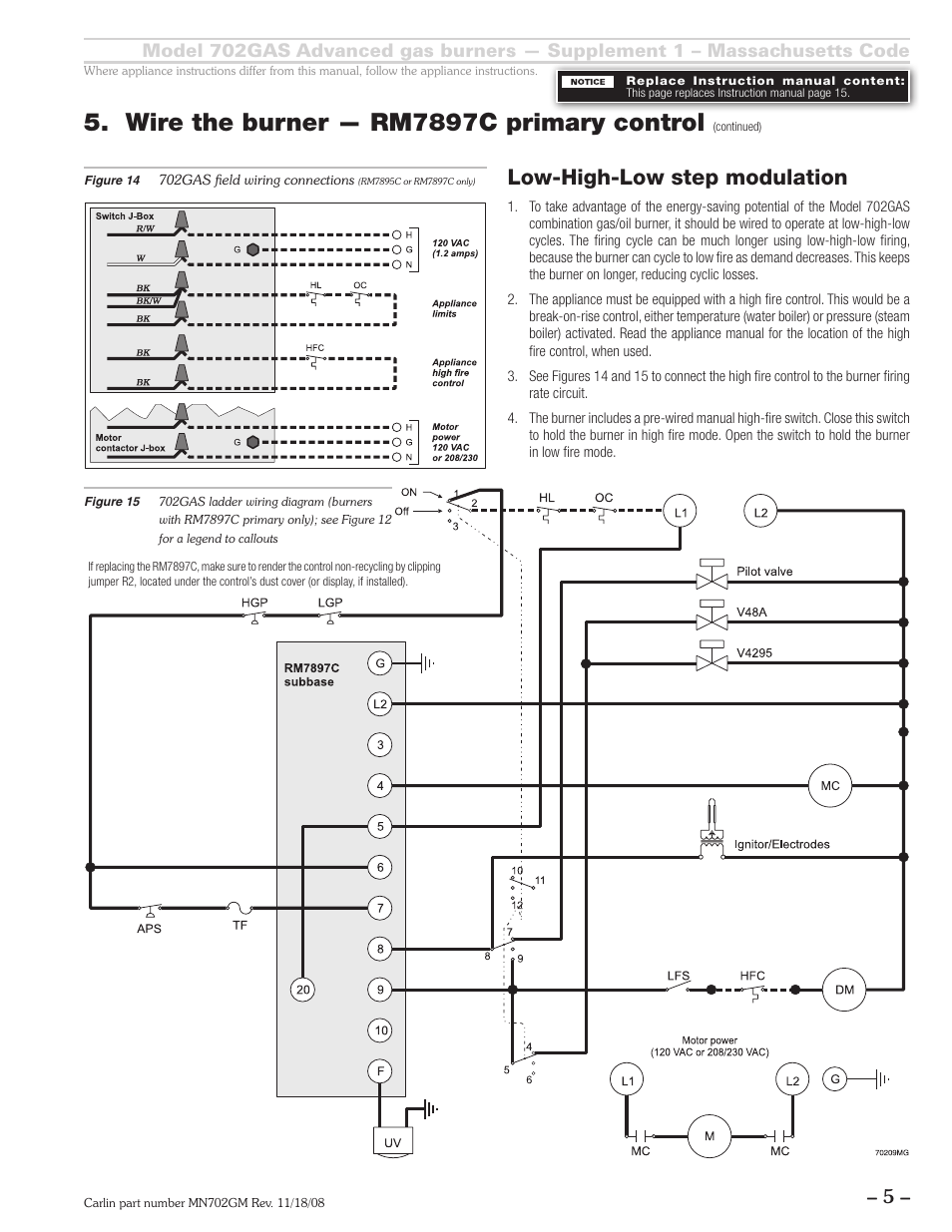 Wire the burner — rm7897c primary control, Low-high-low step modulation | Carlin 702GAS Supp. User Manual | Page 5 / 8