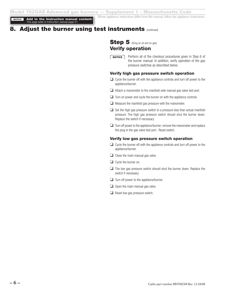 Step 5, Adjust the burner using test instruments, Verify operation | Carlin 702GAS Supp. User Manual | Page 6 / 8