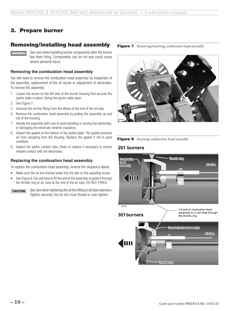 Removing/installing head assembly, Prepare burner | Carlin 301CRD User Manual | Page 10 / 28