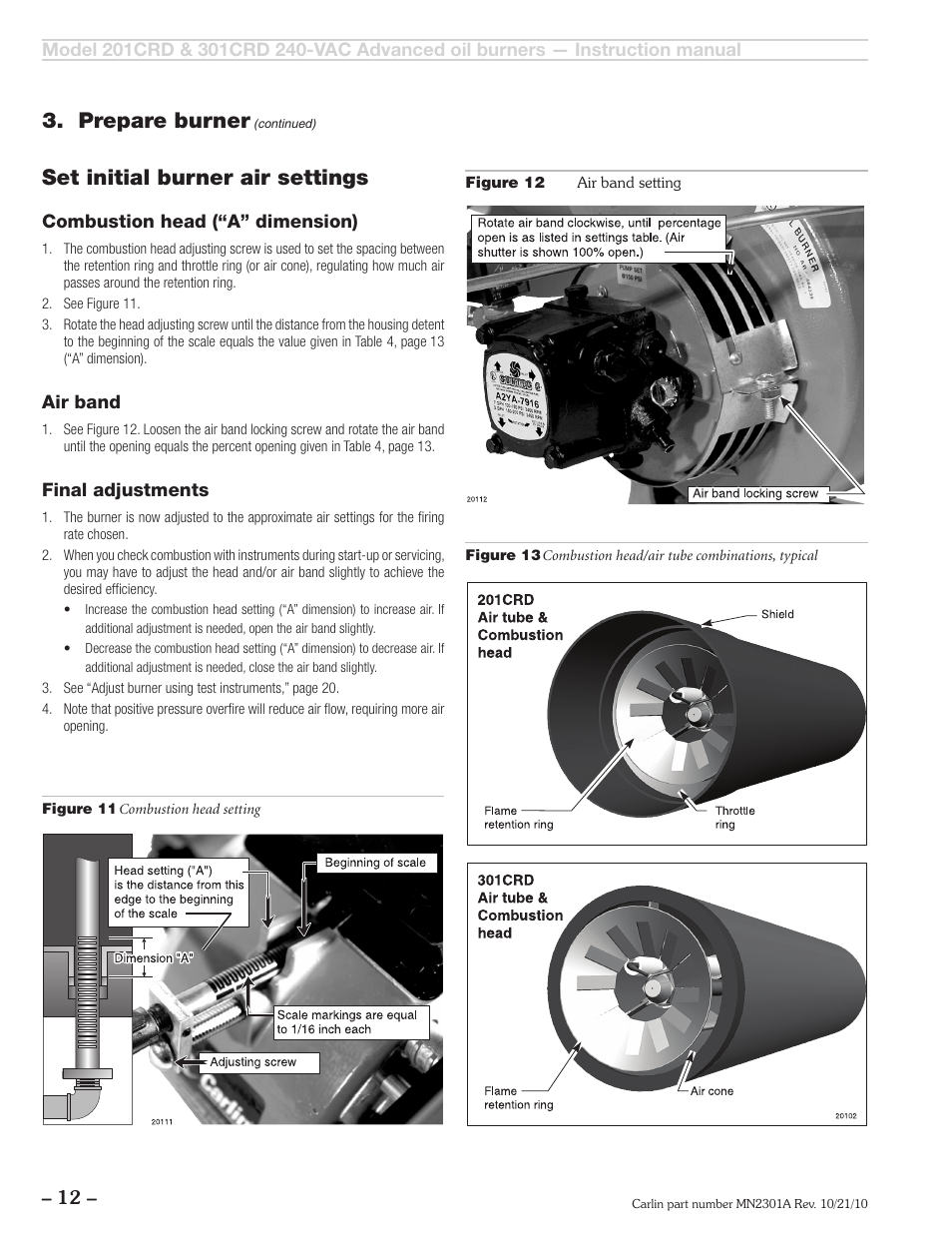 Set initial burner air settings, Prepare burner | Carlin 301CRD User Manual | Page 12 / 28