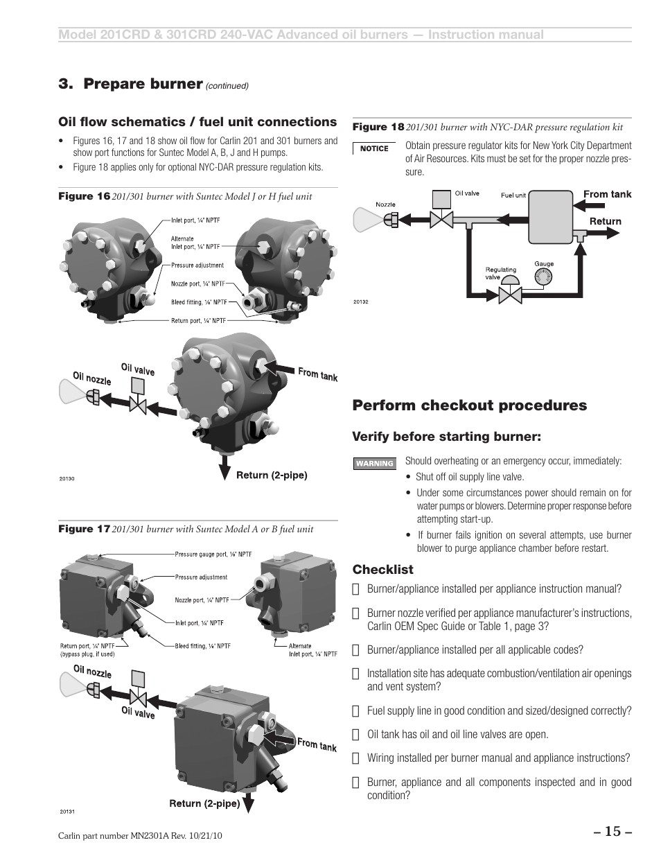 Prepare burner, Perform checkout procedures | Carlin 301CRD User Manual | Page 15 / 28