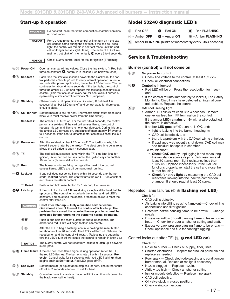 17 – start-up & operation, Service & troubleshooting, Burner (control) will not come on | Repeated fl ame failures ( fl ashing red led ), Control locks out after tfi ( red led on ) | Carlin 301CRD User Manual | Page 17 / 28