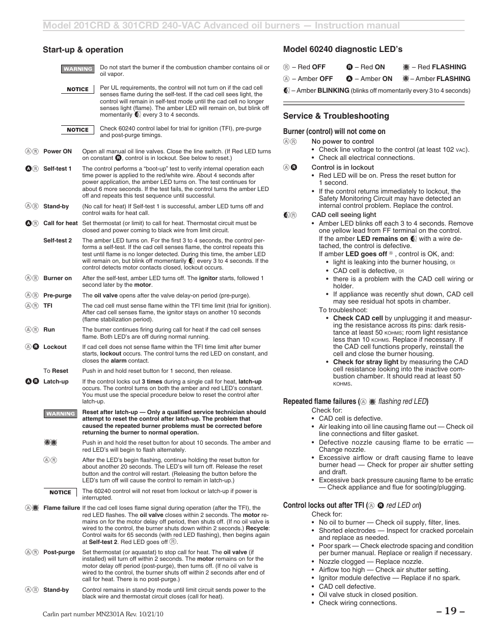 Start-up & operation, Service & troubleshooting | Carlin 301CRD User Manual | Page 19 / 28