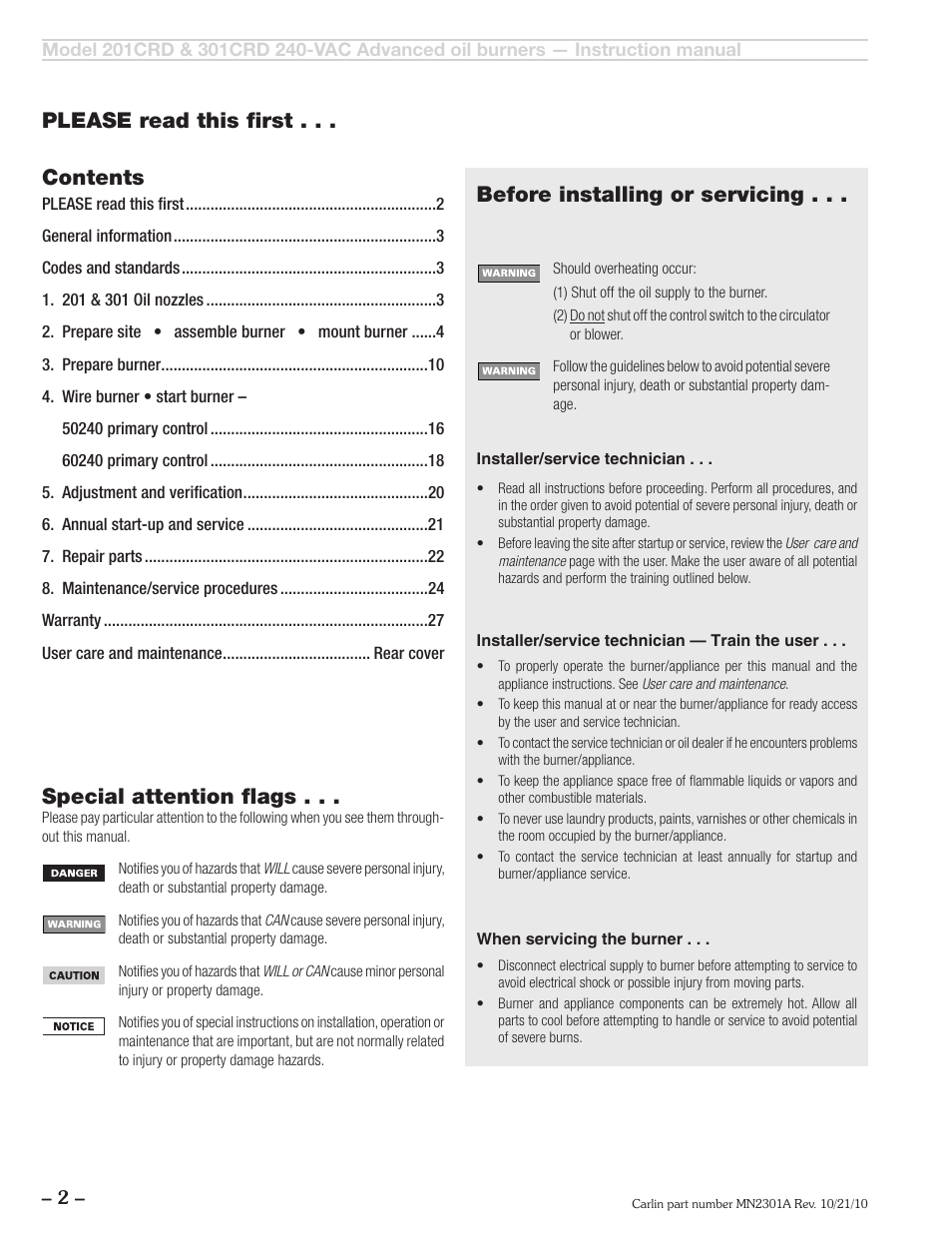 Before installing or servicing . . . contents | Carlin 301CRD User Manual | Page 2 / 28