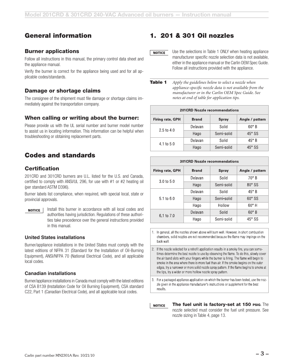 Codes and standards | Carlin 301CRD User Manual | Page 3 / 28