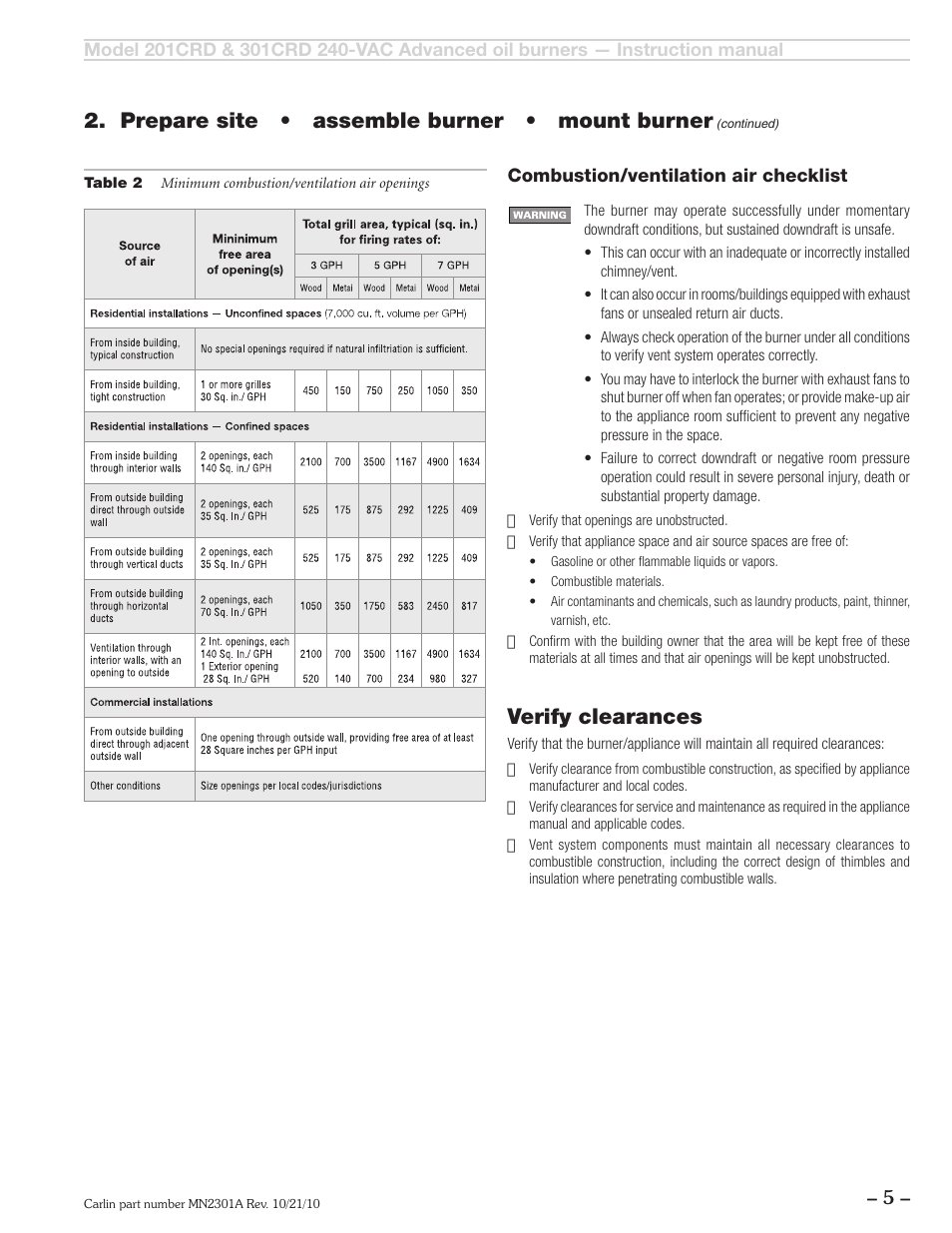 Prepare site • assemble burner • mount burner, Verify clearances | Carlin 301CRD User Manual | Page 5 / 28