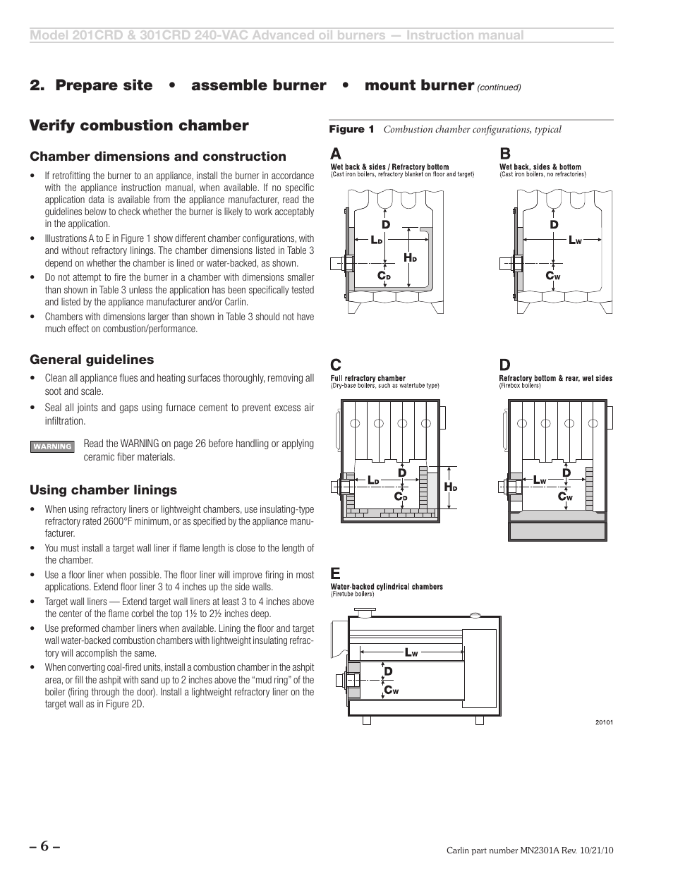 Verify combustion chamber, Prepare site • assemble burner • mount burner | Carlin 301CRD User Manual | Page 6 / 28