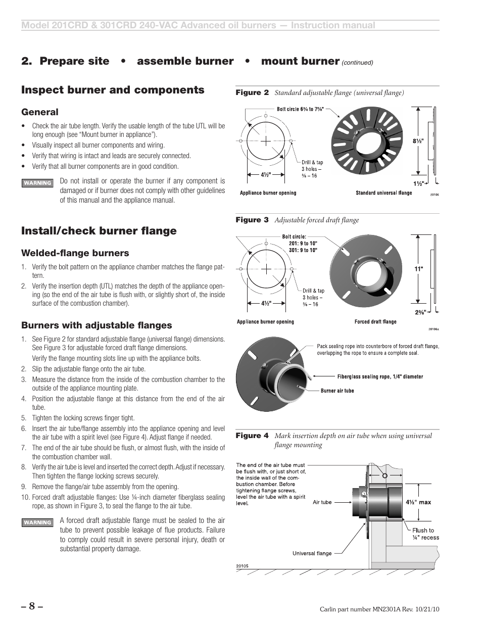 Inspect burner and components, Install/check burner fl ange, Prepare site • assemble burner • mount burner | Carlin 301CRD User Manual | Page 8 / 28