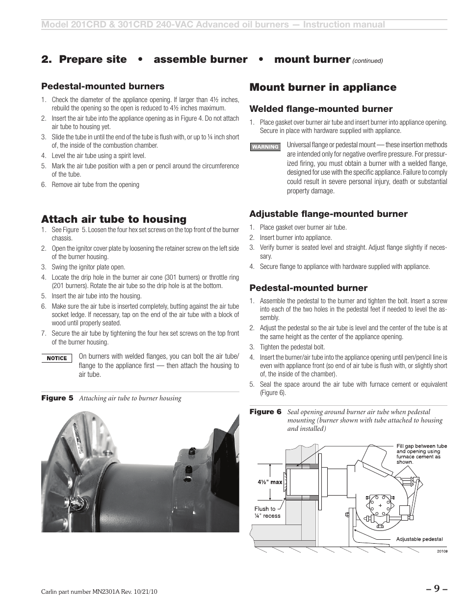 Prepare site • assemble burner • mount burner, Attach air tube to housing, Mount burner in appliance | Carlin 301CRD User Manual | Page 9 / 28