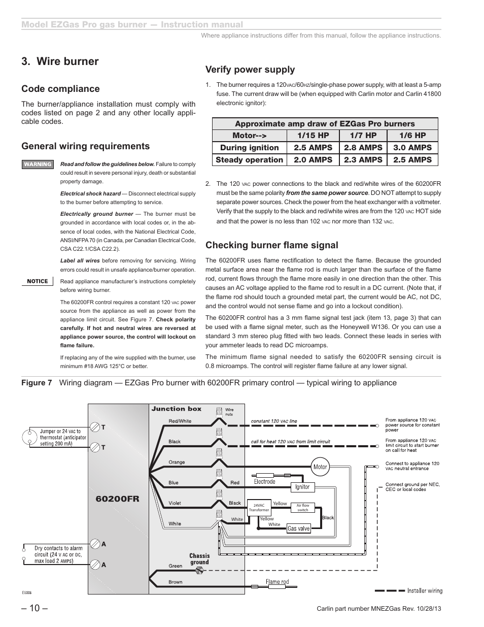 Wire burner, Verify power supply, Checking burner flame signal | Code compliance, General wiring requirements, Model ezgas pro gas burner — instruction manual | Carlin EZGasPro User Manual | Page 10 / 24