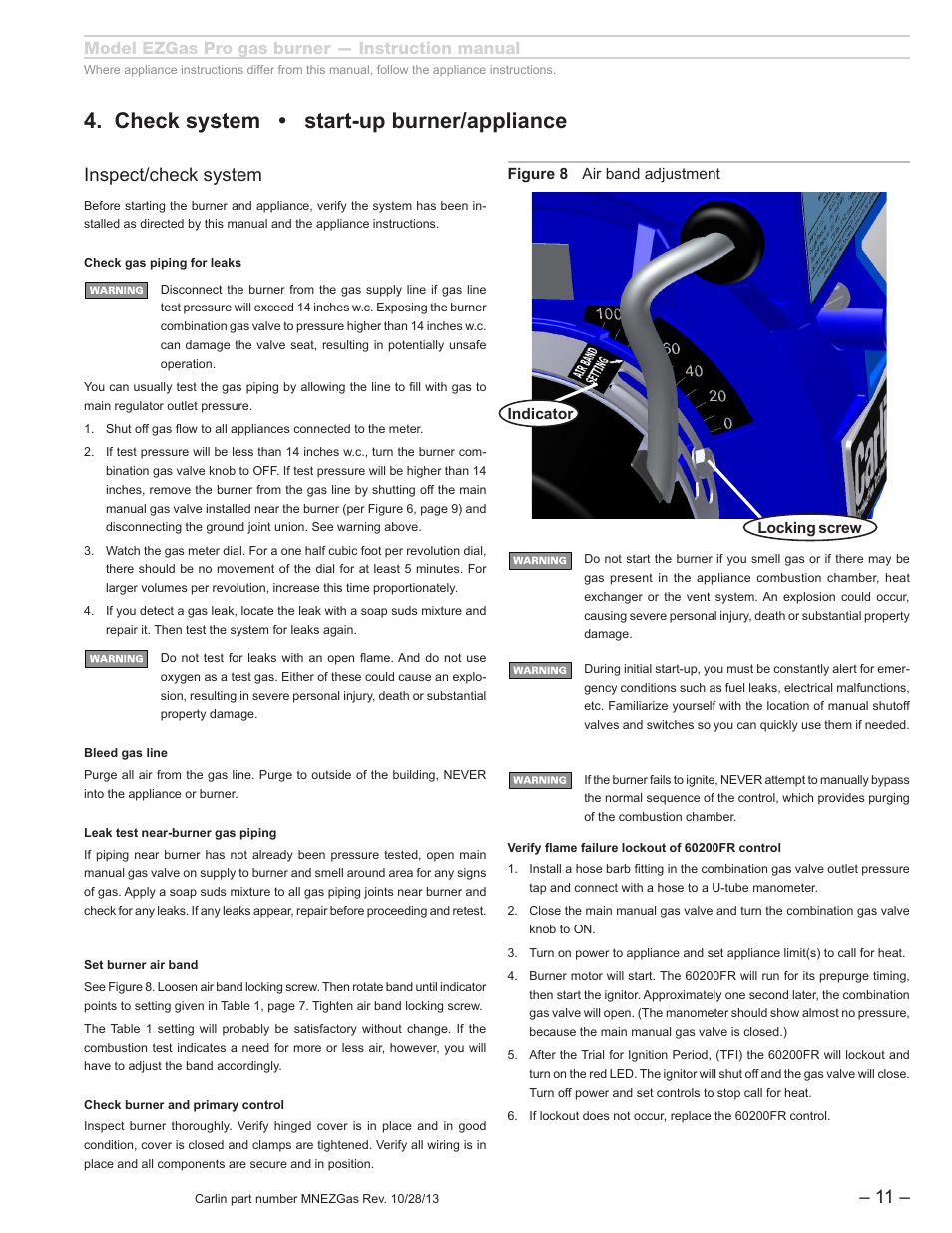 Check system • start-up burner/appliance, Inspect/check system, Model ezgas pro gas burner — instruction manual | Carlin EZGasPro User Manual | Page 11 / 24