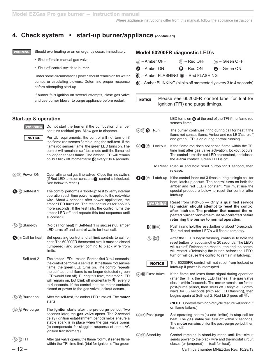 Check system • start-up burner/appliance, Model ezgas pro gas burner — instruction manual, Start-up & operation | Carlin EZGasPro User Manual | Page 12 / 24