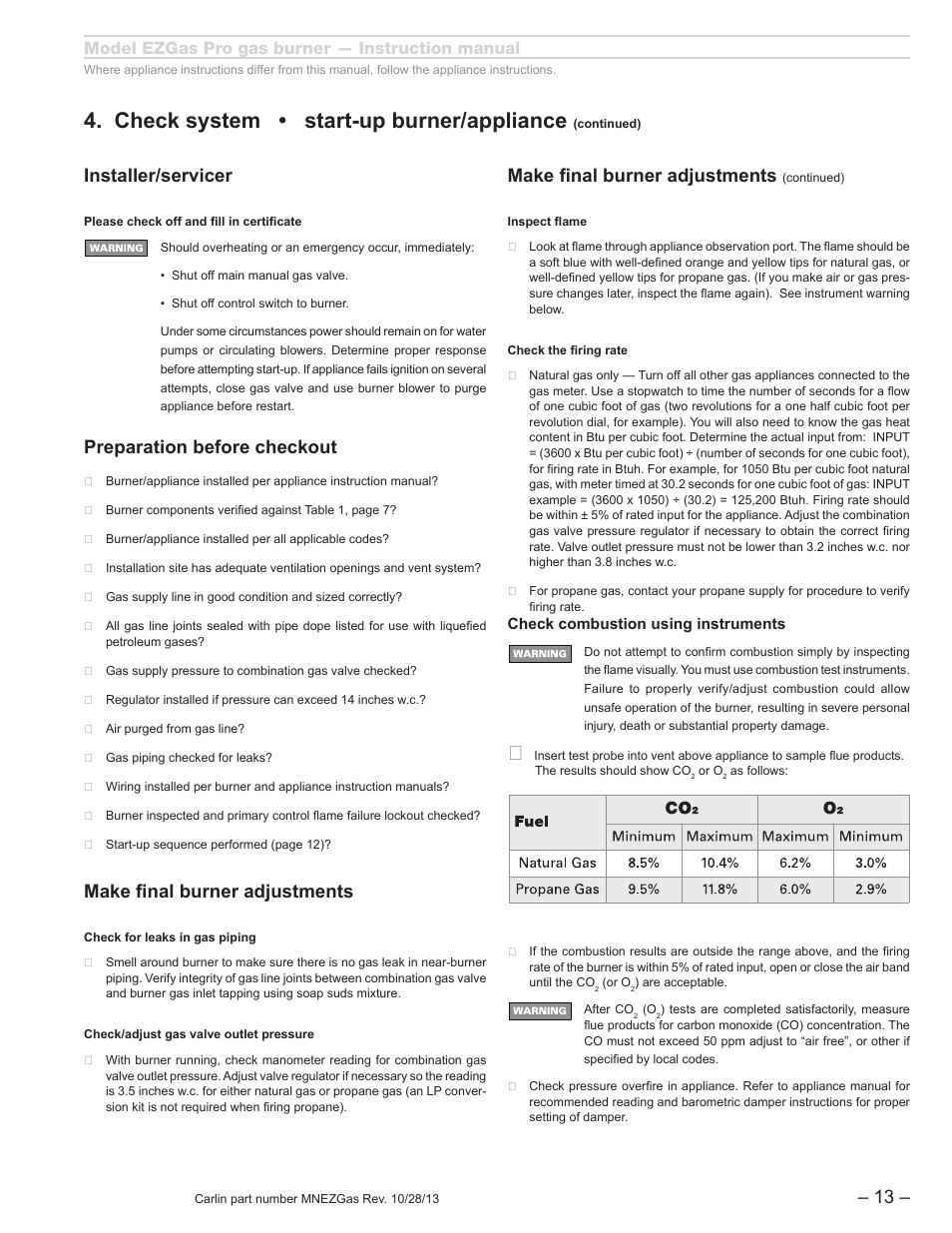 Check system • start-up burner/appliance, Installer/servicer, Make final burner adjustments | Preparation before checkout, Model ezgas pro gas burner — instruction manual | Carlin EZGasPro User Manual | Page 13 / 24