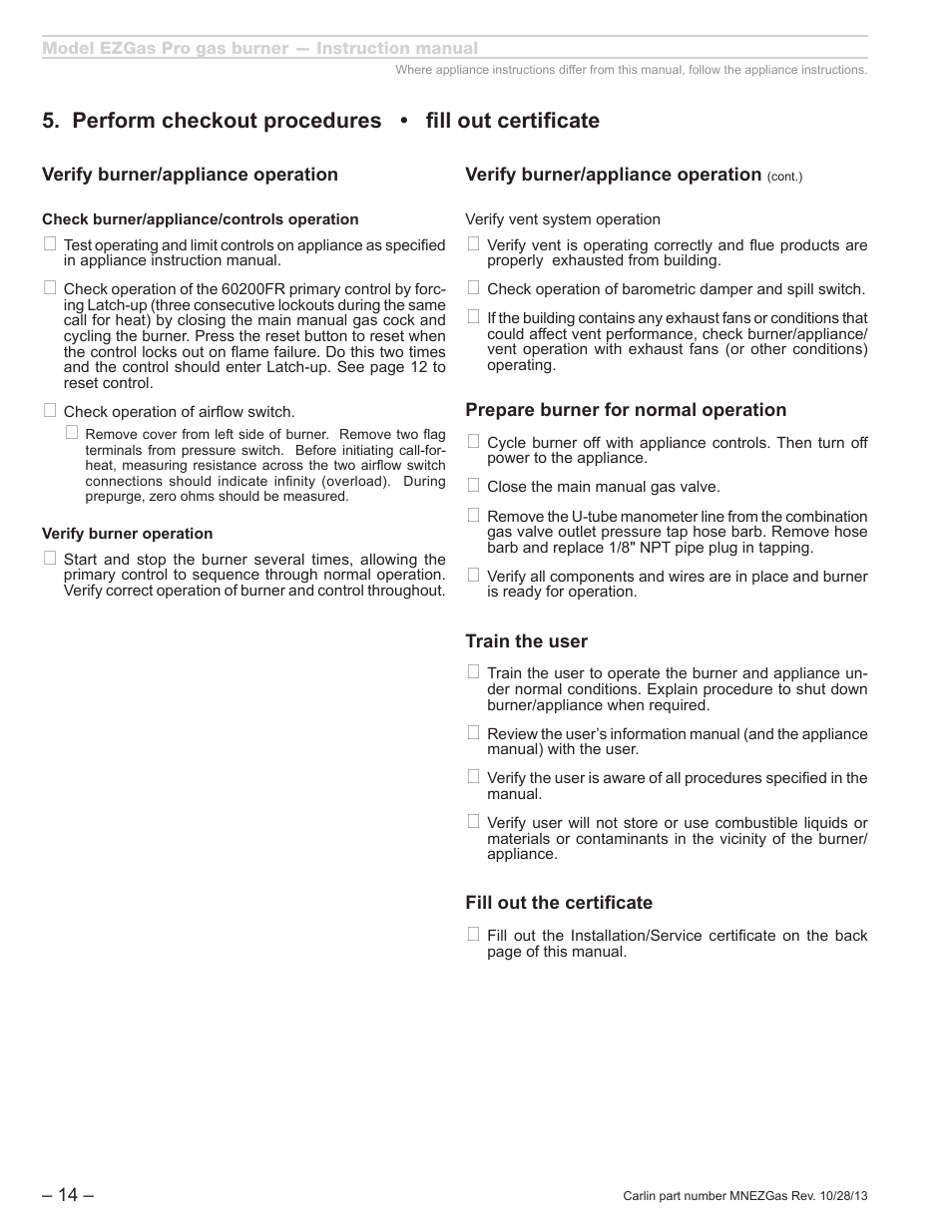 Perform checkout procedures • fill out certificate | Carlin EZGasPro User Manual | Page 14 / 24