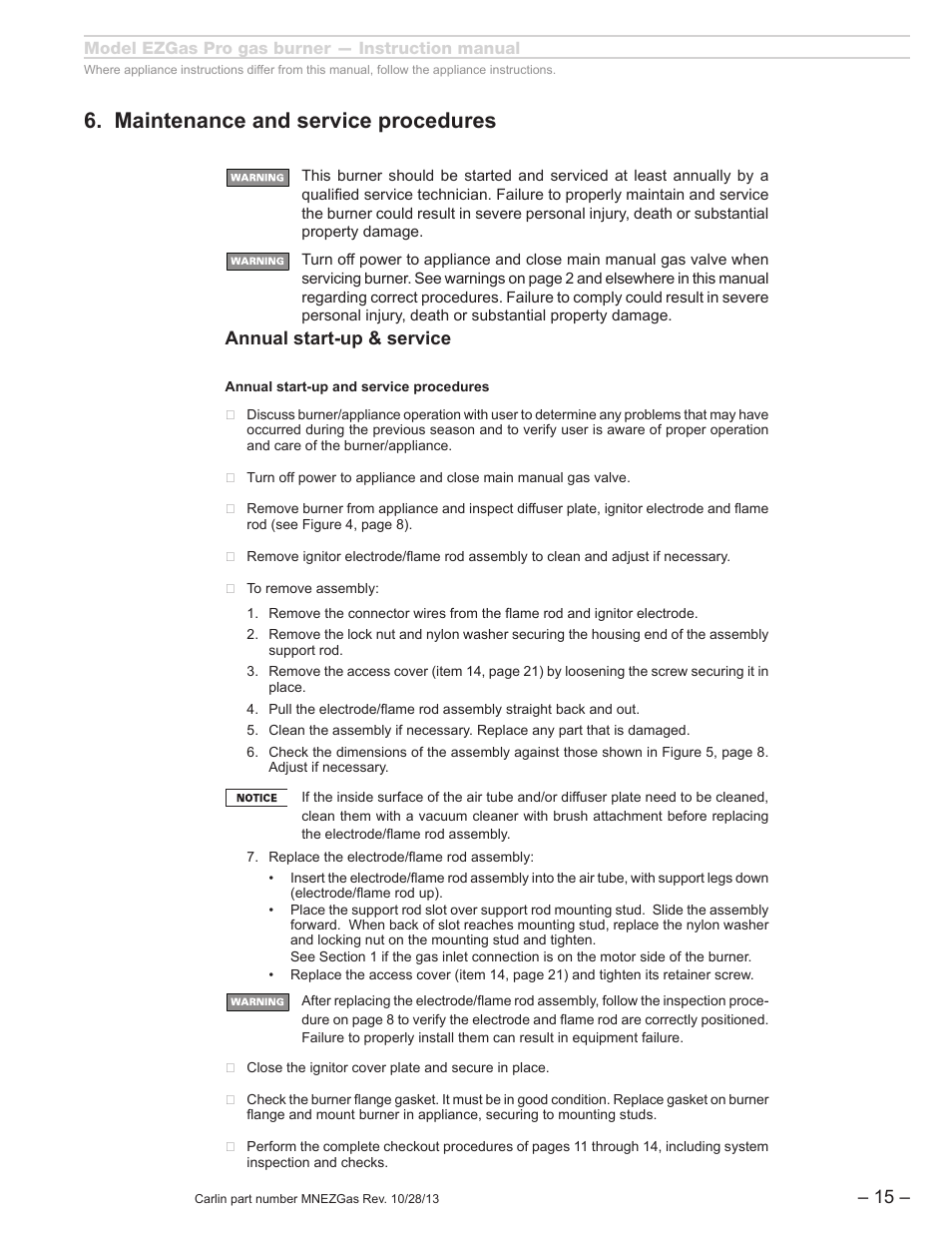 Maintenance and service procedures, Annual start-up & service | Carlin EZGasPro User Manual | Page 15 / 24