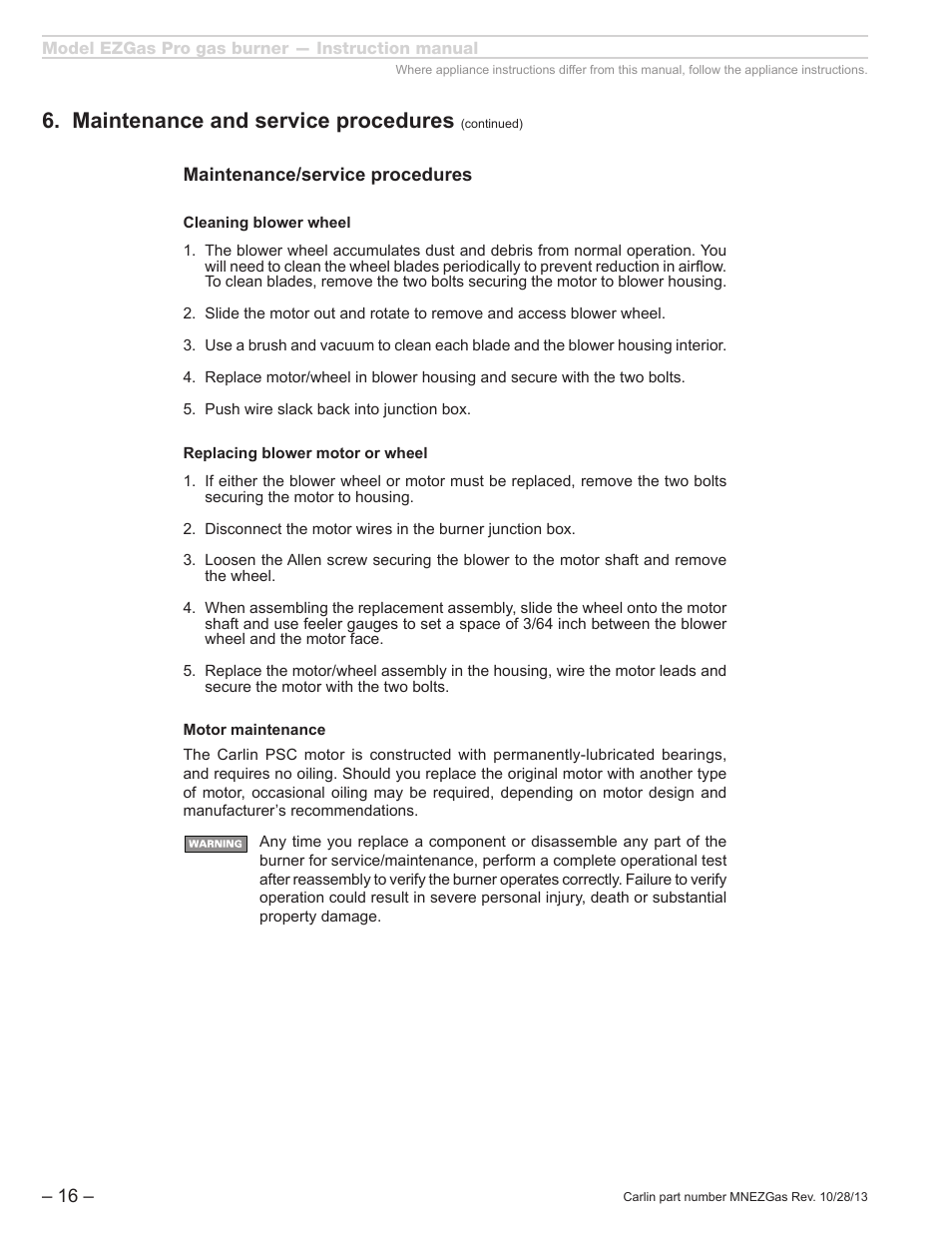 Maintenance and service procedures | Carlin EZGasPro User Manual | Page 16 / 24