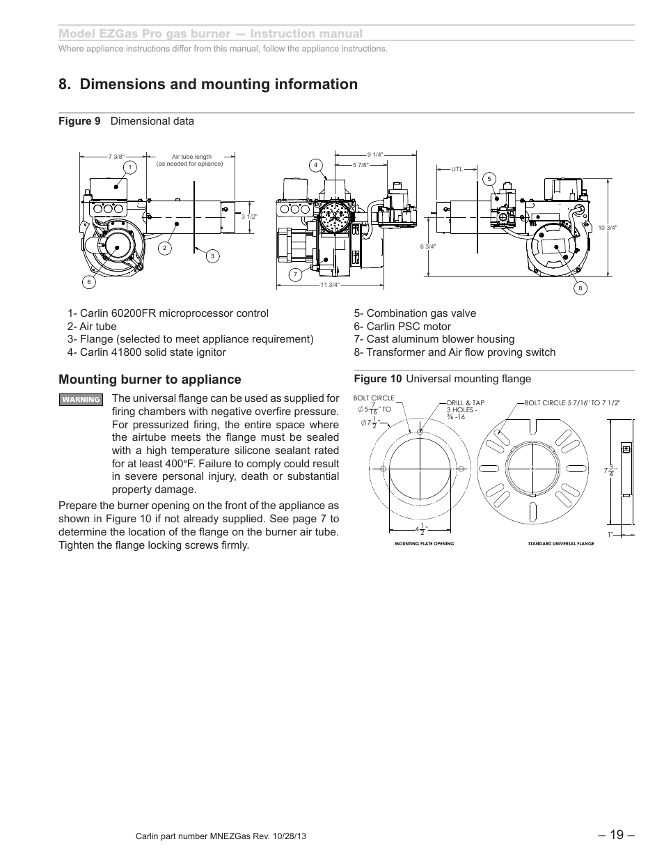 Dimensions and mounting information, Mounting burner to appliance, Model ezgas pro gas burner — instruction manual | Figure 9 dimensional data, Ez gas_reva_flippedelectrode_dims, Bsize | Carlin EZGasPro User Manual | Page 19 / 24