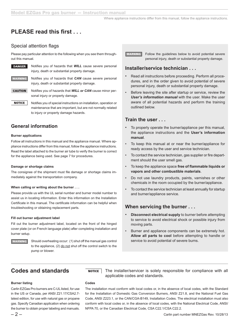 Codes and standards, Please read this first, General information | Special attention flags, Installer/service technician, Train the user, When servicing the burner | Carlin EZGasPro User Manual | Page 2 / 24