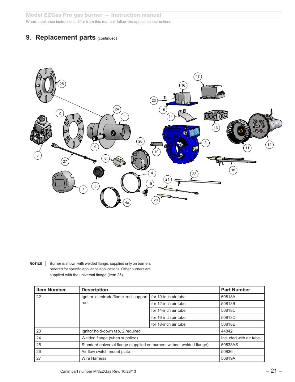 Replacement parts, Model ezgas pro gas burner — instruction manual, Ez gas_reva_flippedelectrode_exp | Bsize, Item number description part number | Carlin EZGasPro User Manual | Page 21 / 24