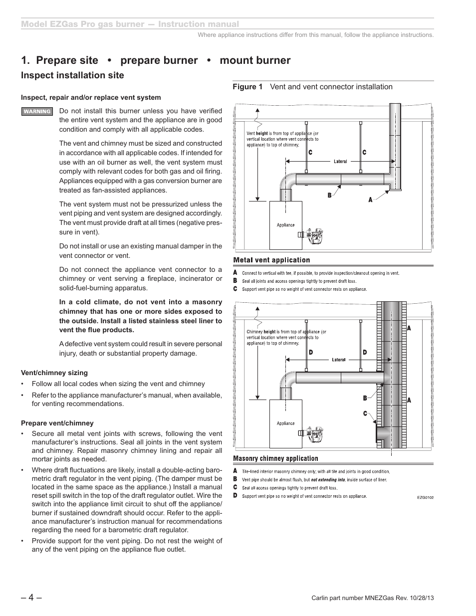 Prepare site • prepare burner • mount burner, Inspect installation site | Carlin EZGasPro User Manual | Page 4 / 24