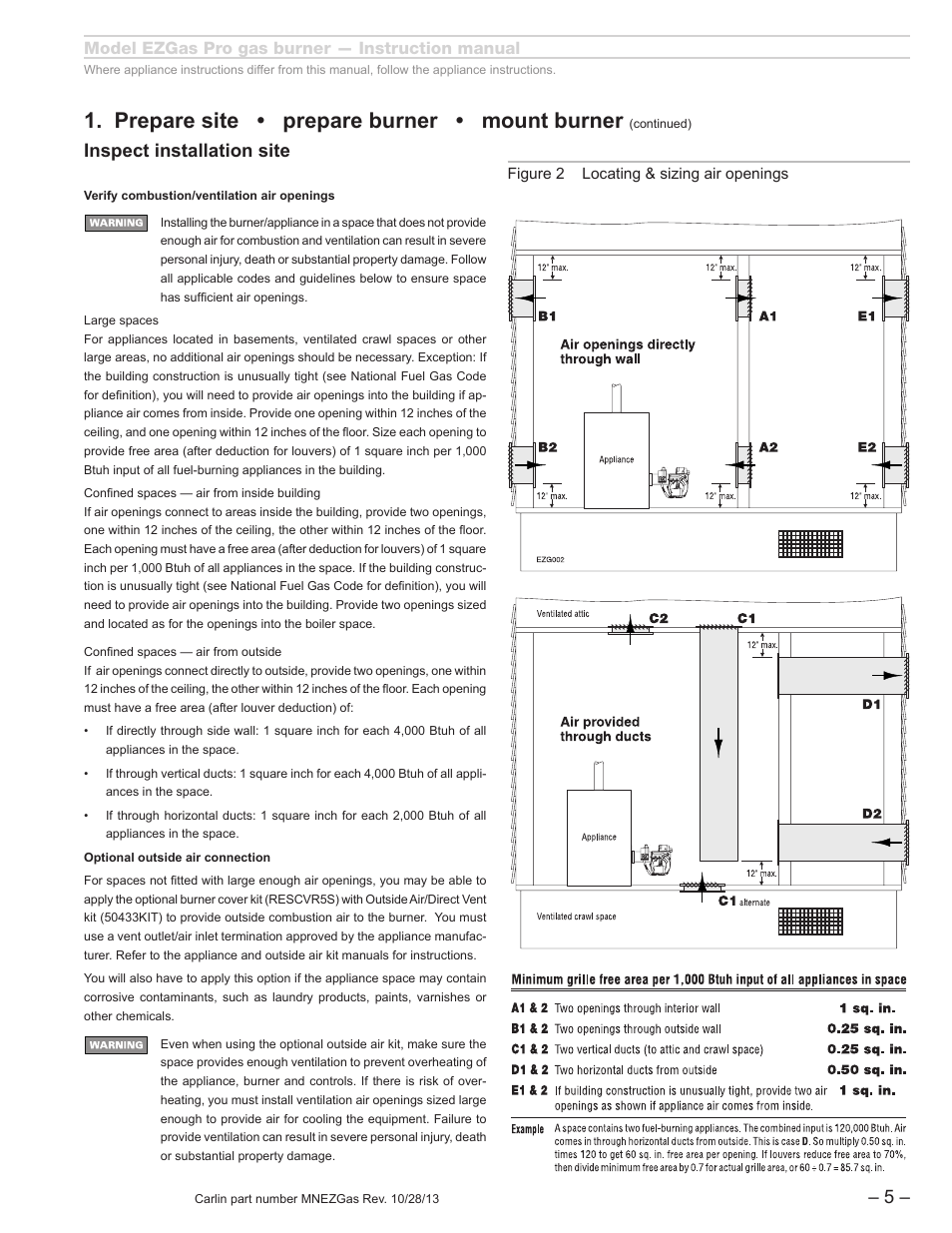 Prepare site • prepare burner • mount burner, Inspect installation site, Model ezgas pro gas burner — instruction manual | Carlin EZGasPro User Manual | Page 5 / 24