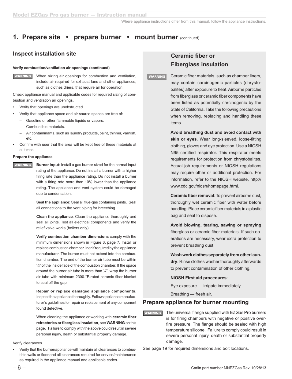 Prepare site • prepare burner • mount burner, Inspect installation site, Prepare appliance for burner mounting | Ceramic fiber or fiberglass insulation | Carlin EZGasPro User Manual | Page 6 / 24