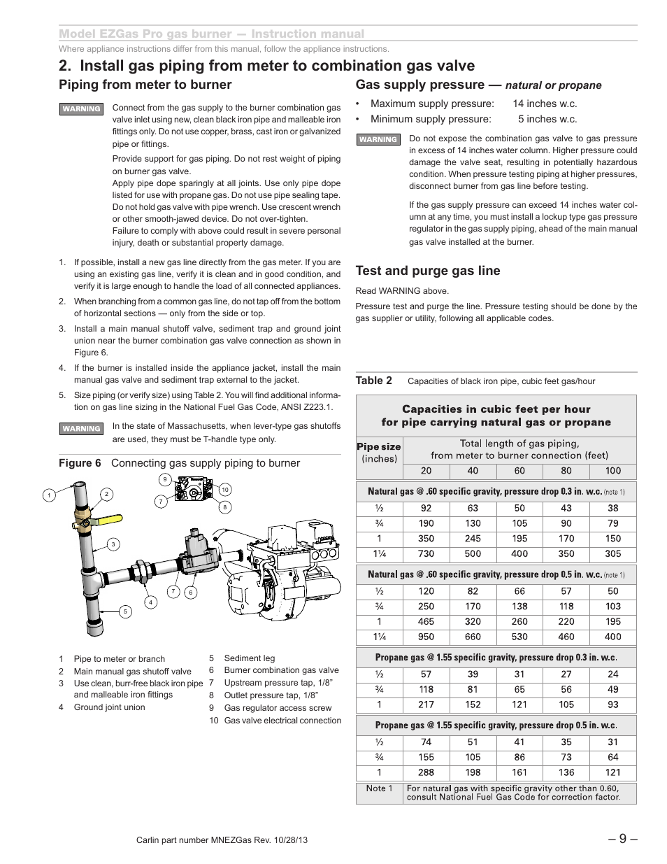 Gas supply pressure, Test and purge gas line, Piping from meter to burner | Model ezgas pro gas burner — instruction manual, Natural or propane | Carlin EZGasPro User Manual | Page 9 / 24