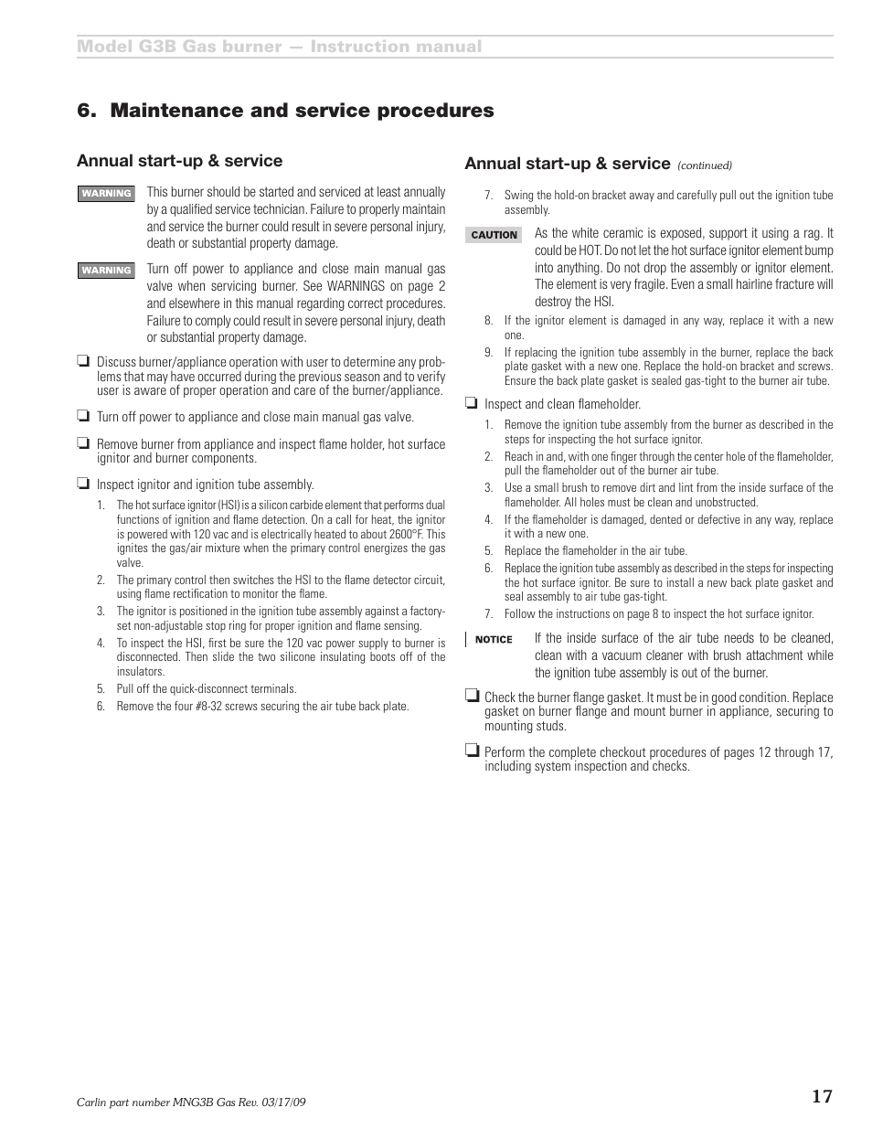 Maintenance and service procedures | Carlin G3B User Manual | Page 17 / 24