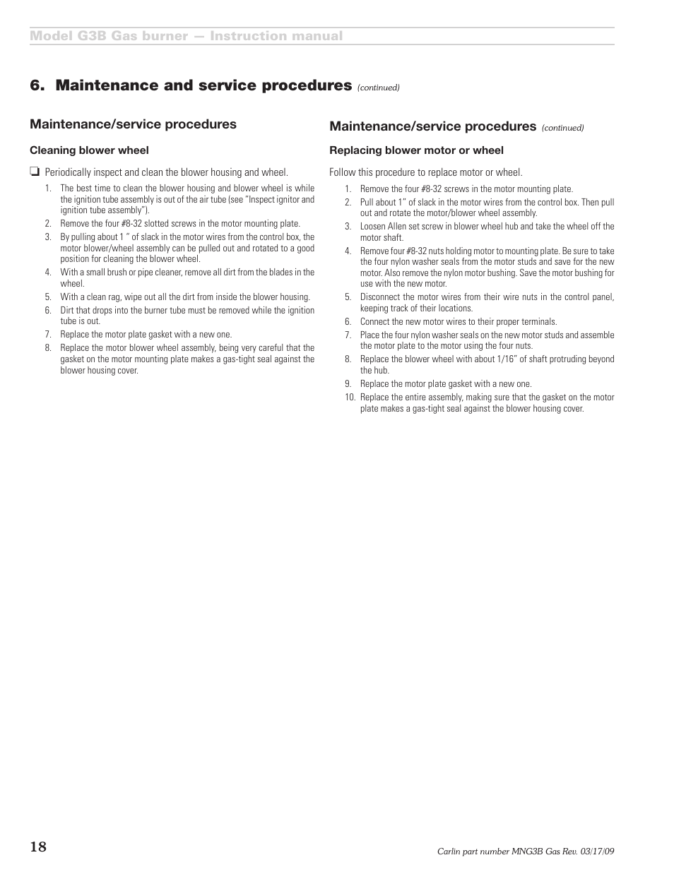Maintenance and service procedures | Carlin G3B User Manual | Page 18 / 24
