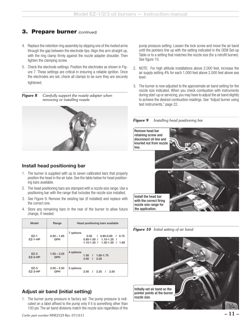 Prepare burner, Install head positioning bar, Adjust air band (initial setting) | Carlin EZ-1/2/3 User Manual | Page 11 / 28
