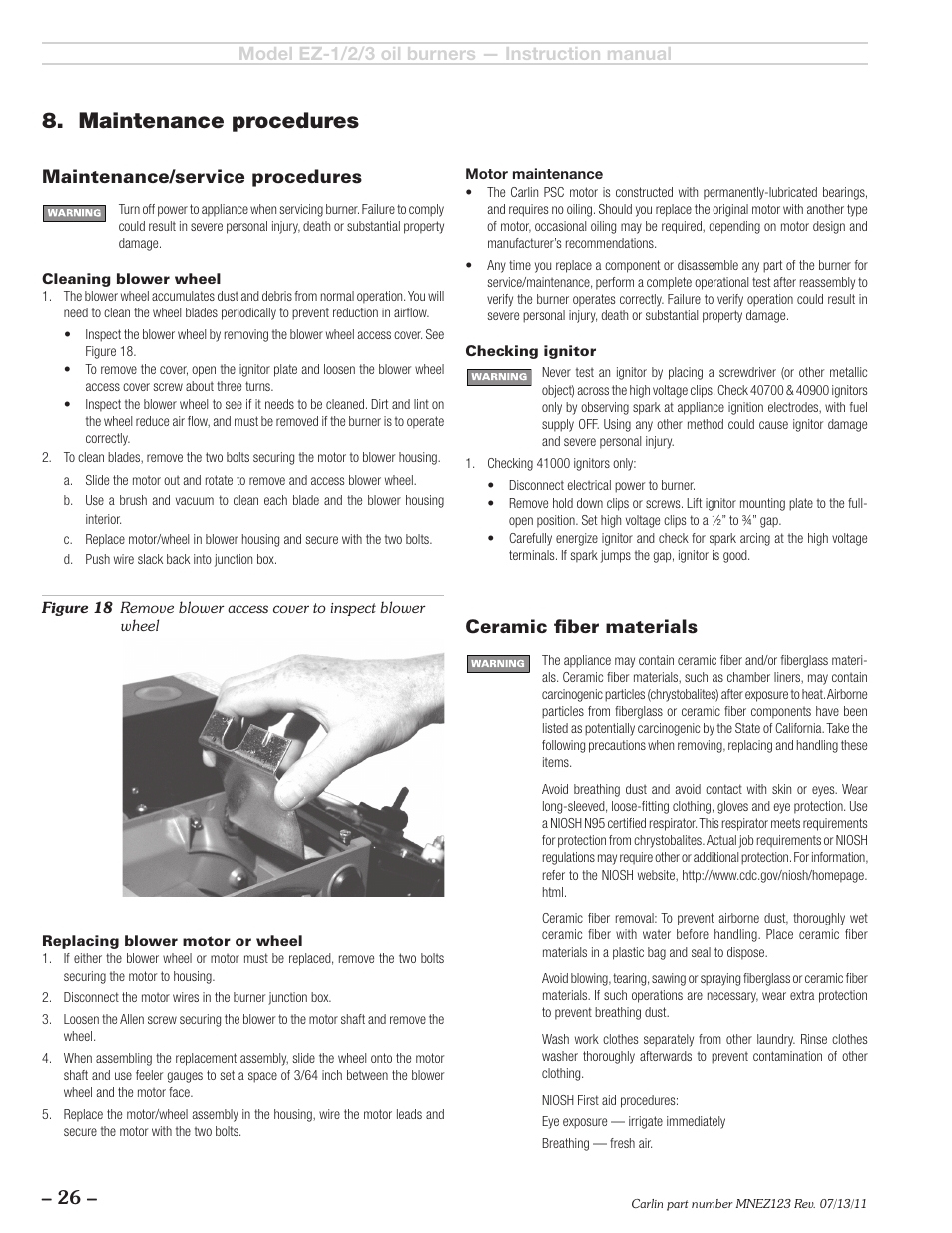 Maintenance procedures, Maintenance/service procedures, Ceramic fiber materials | Carlin EZ-1/2/3 User Manual | Page 26 / 28