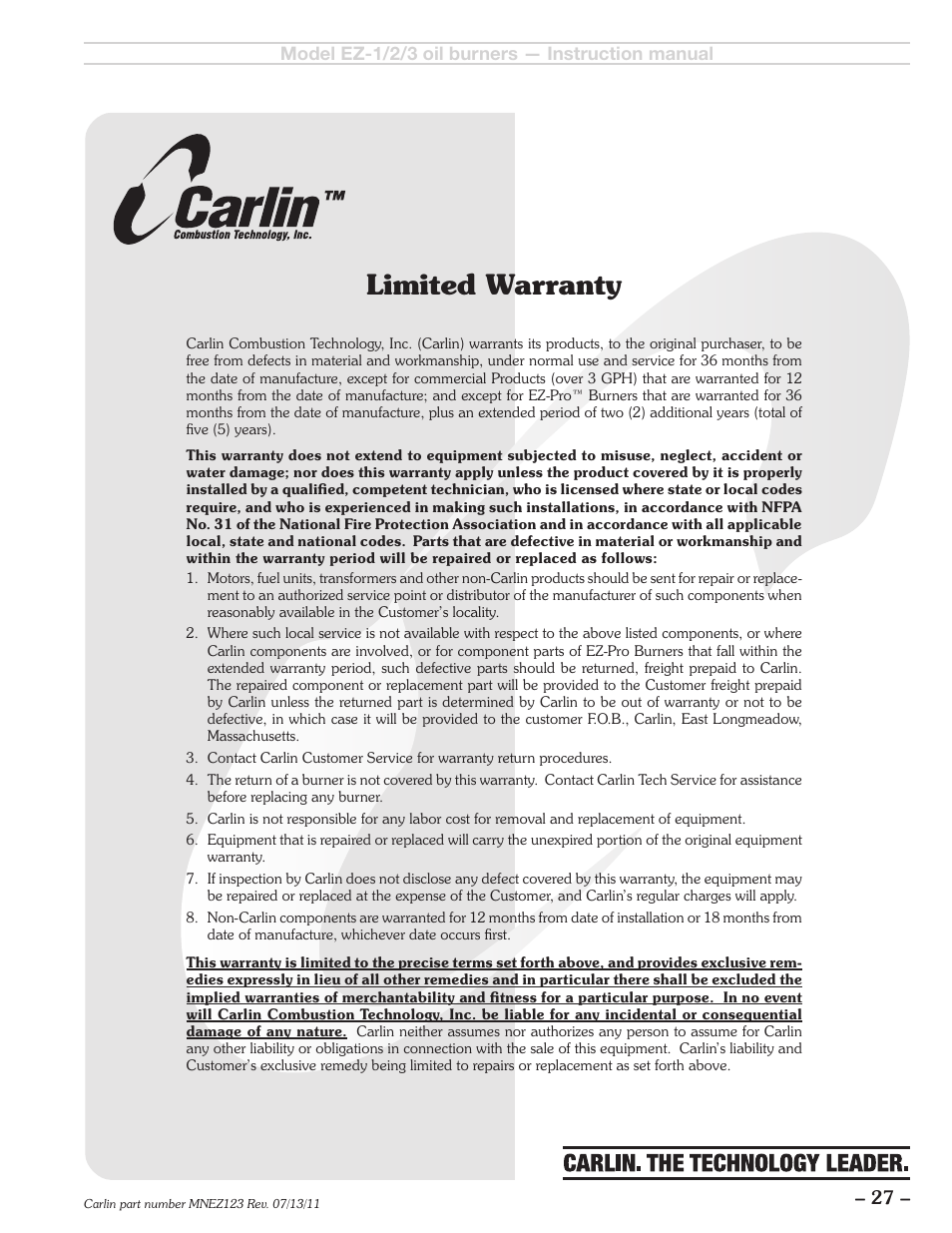 Limited warranty | Carlin EZ-1/2/3 User Manual | Page 27 / 28