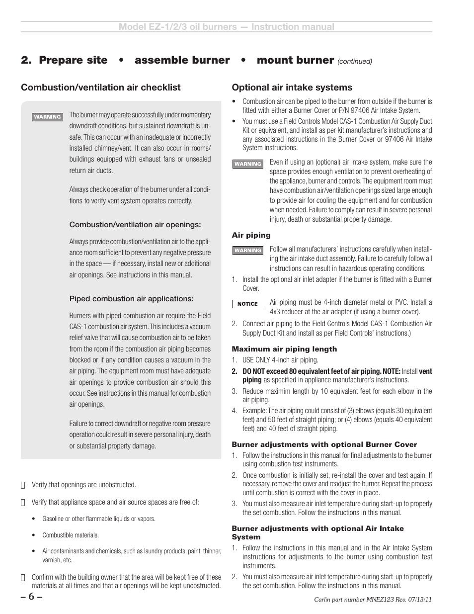 Prepare site • assemble burner • mount burner | Carlin EZ-1/2/3 User Manual | Page 6 / 28
