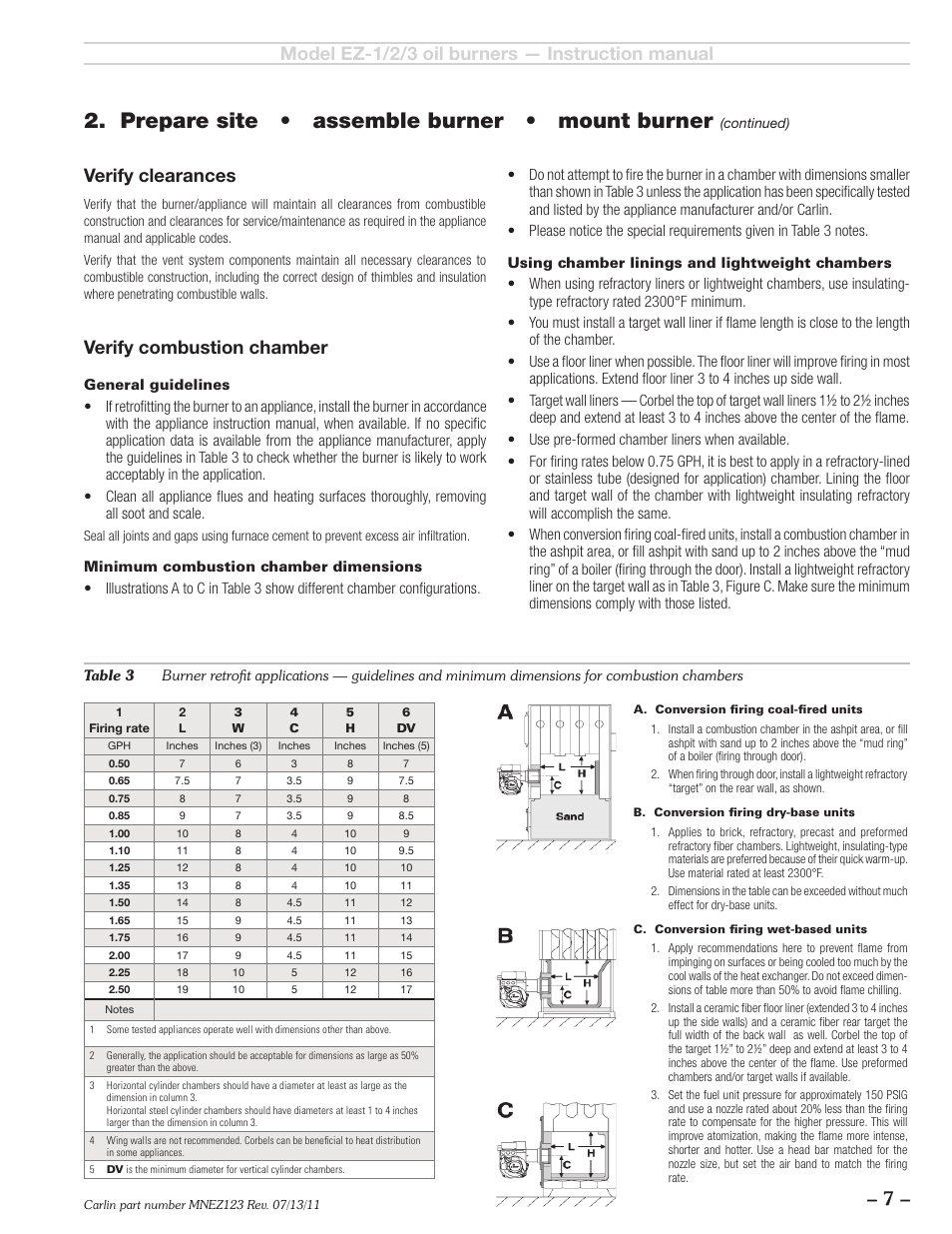Prepare site • assemble burner • mount burner, Verify combustion chamber, Verify clearances | Carlin EZ-1/2/3 User Manual | Page 7 / 28