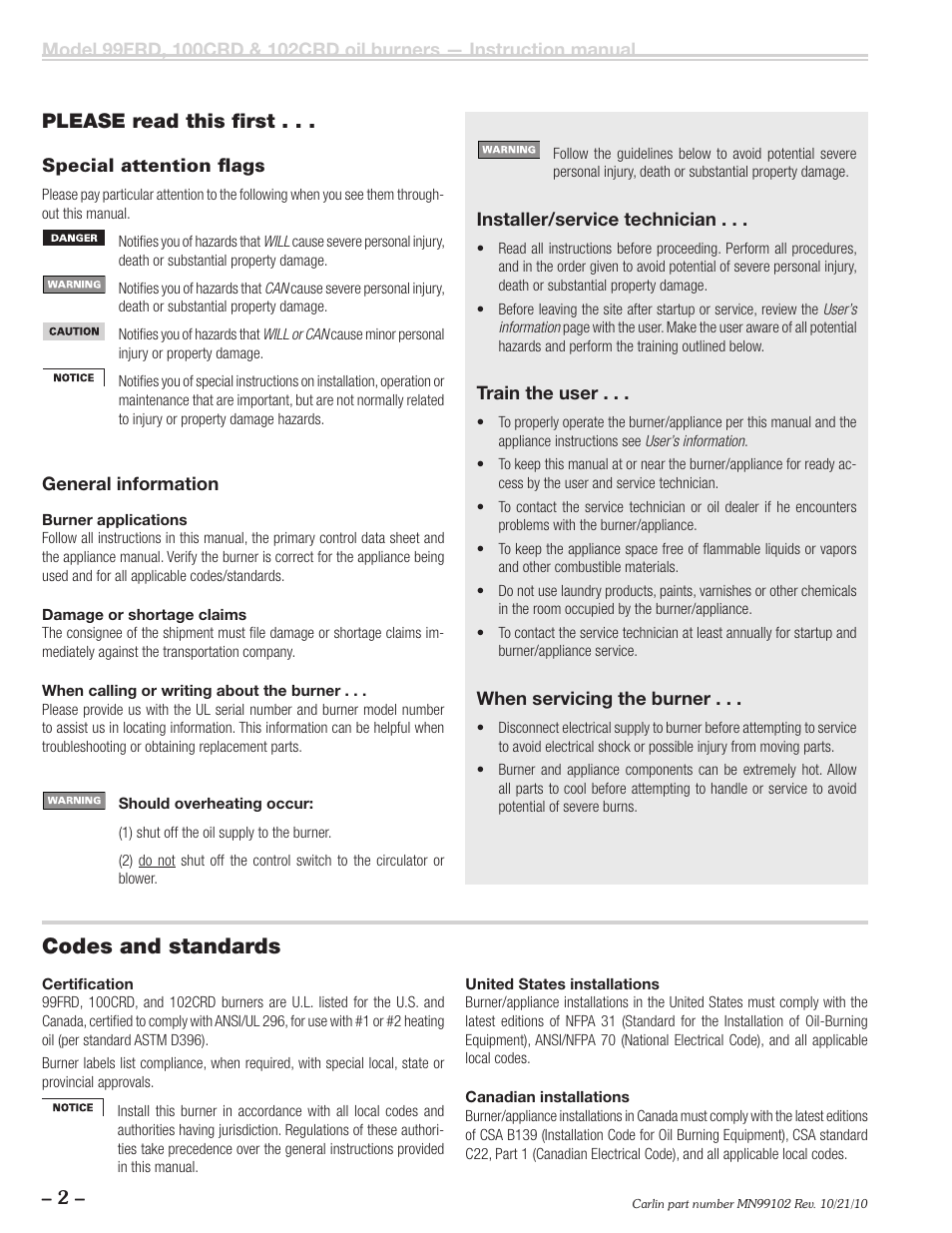 Codes and standards, Please read this fi rst | Carlin 102CRD-99FRD-100CRD User Manual | Page 2 / 28