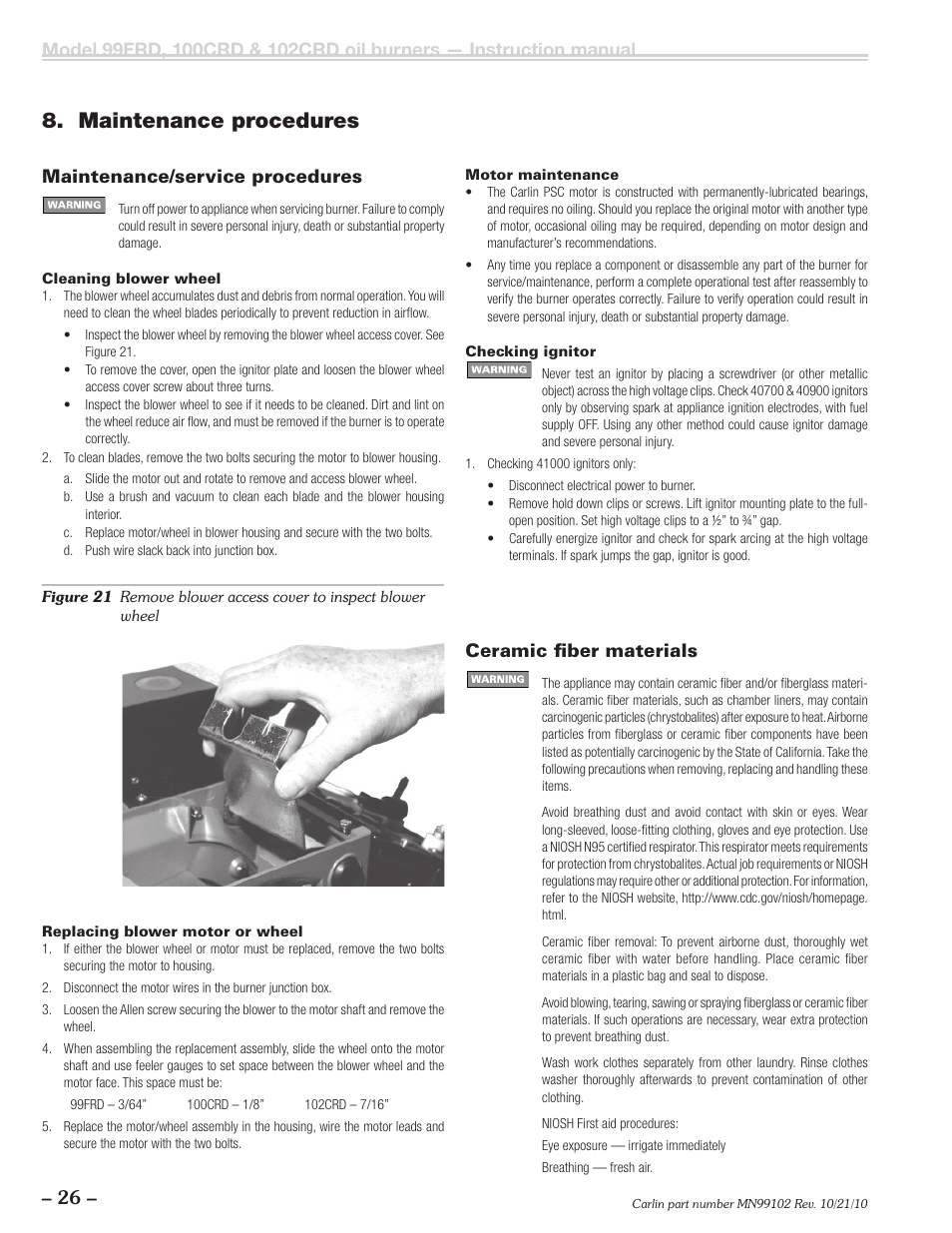 Maintenance procedures, Maintenance/service procedures, Ceramic fi ber materials | Carlin 102CRD-99FRD-100CRD User Manual | Page 26 / 28