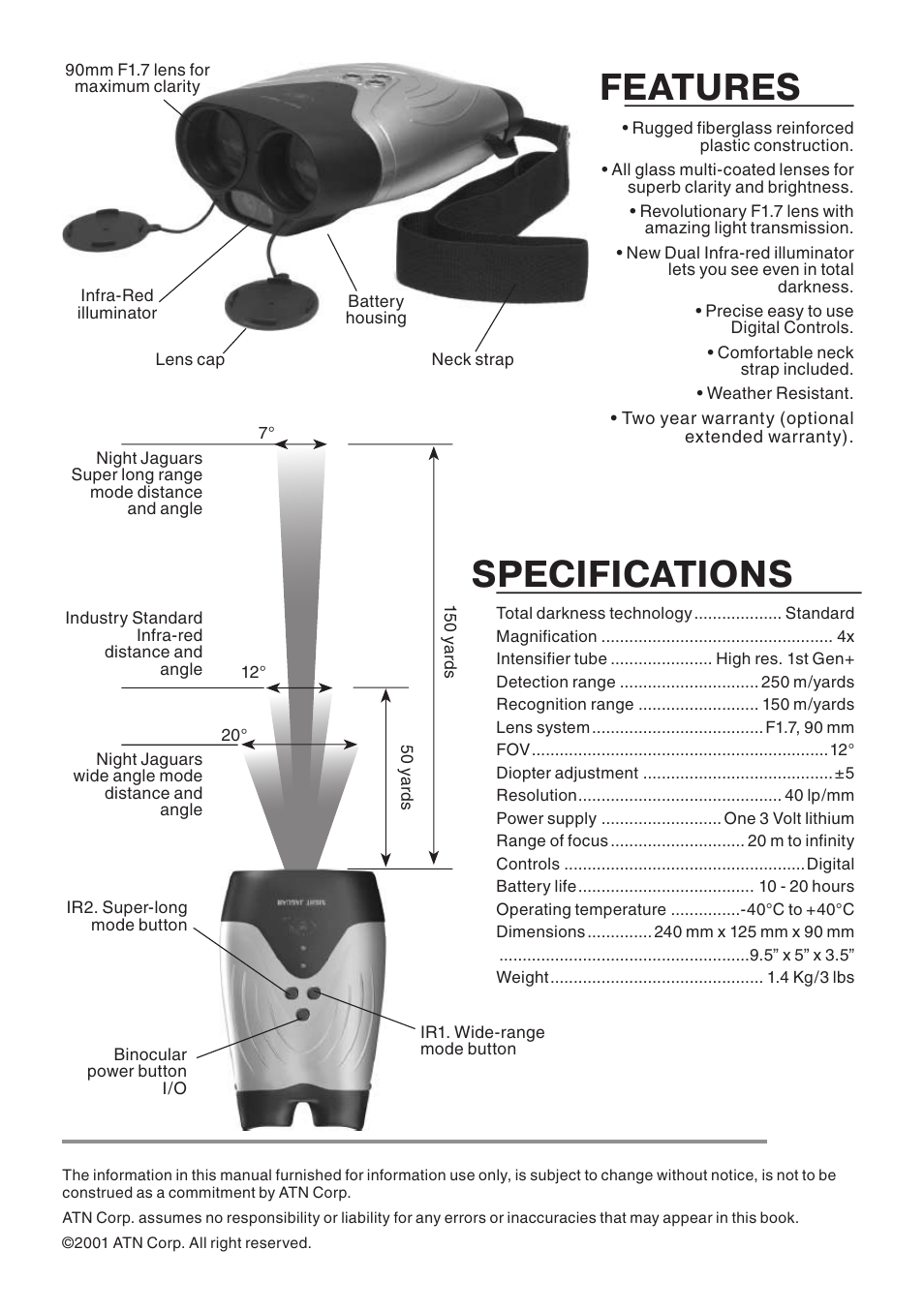 Specifications, Features | ATN Night Jaguar Night Vision Binocular User Manual | Page 2 / 4