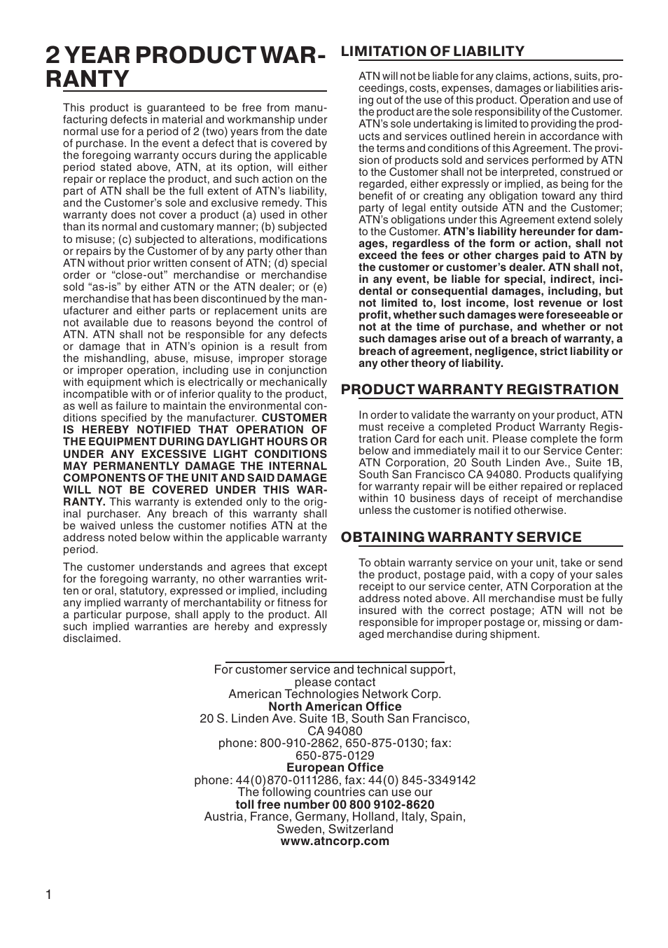 2 year product war- ranty, Limitation of liability, Product warranty registration | Obtaining warranty service | ATN Night Jaguar Night Vision Binocular User Manual | Page 4 / 4