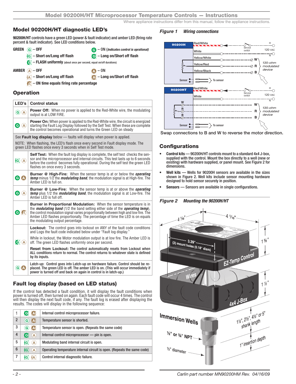 Operation, Fault log display (based on led status), Configurations | Carlin EZ-Temp 90200HM User Manual | Page 2 / 4