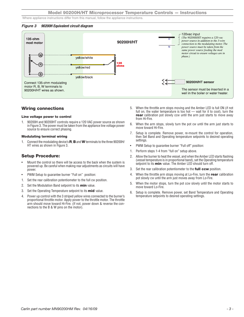 Wiring connections, Setup procedure | Carlin EZ-Temp 90200HM User Manual | Page 3 / 4