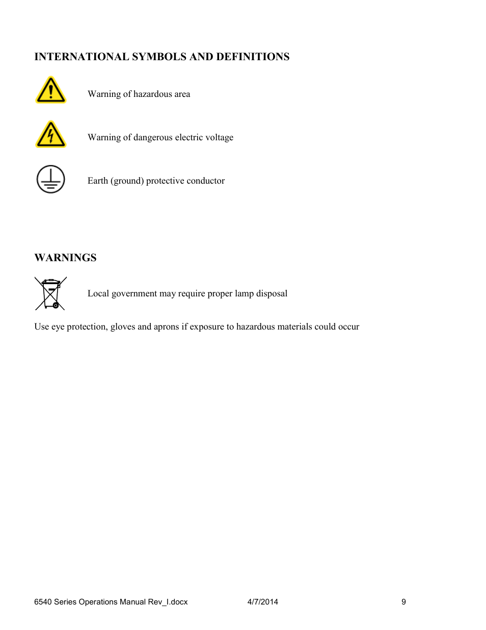 International symbols and definitions, Warnings | Caron 6545 User Manual | Page 9 / 68