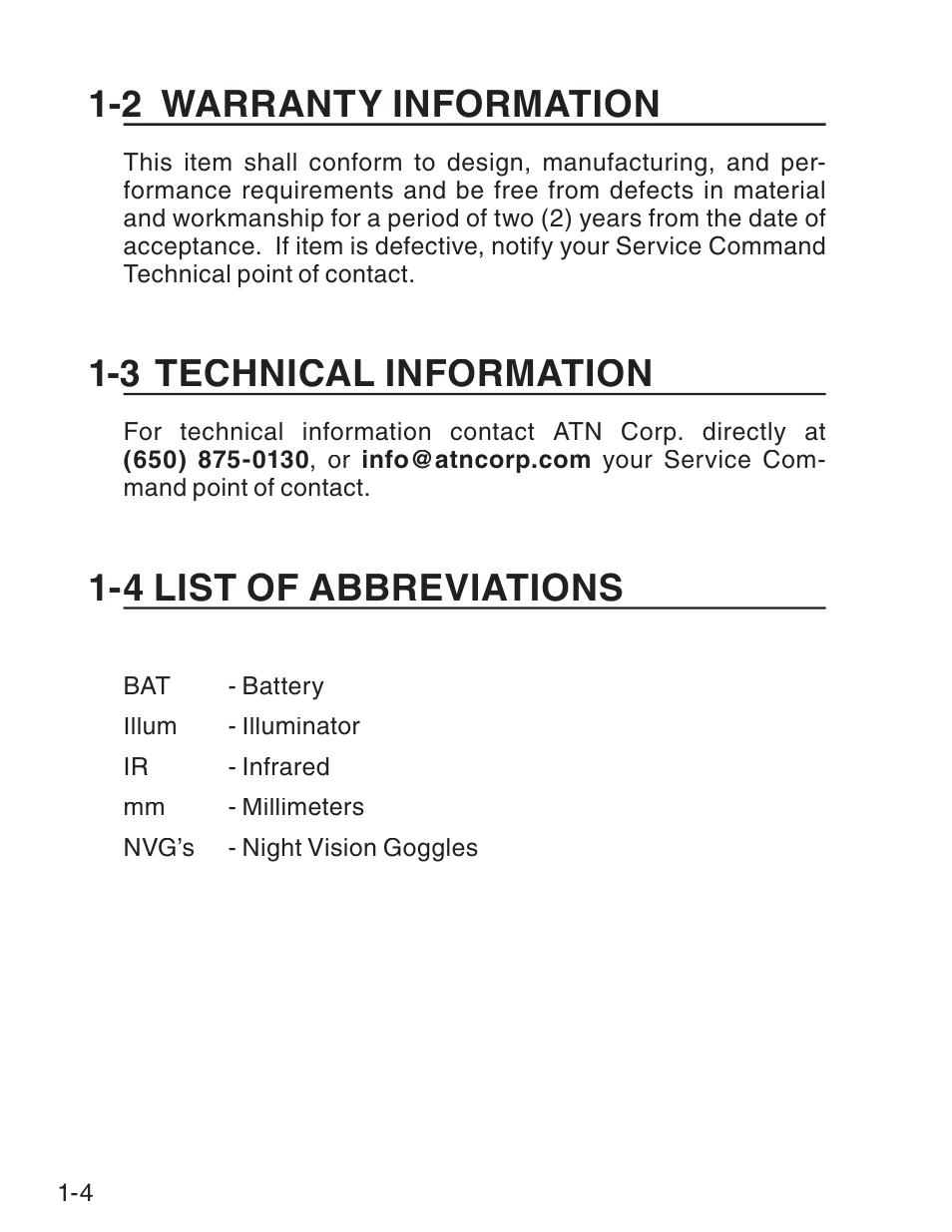 2 warranty information, 3 technical information, 4 list of abbreviations | ATN NVM14 User Manual | Page 14 / 62