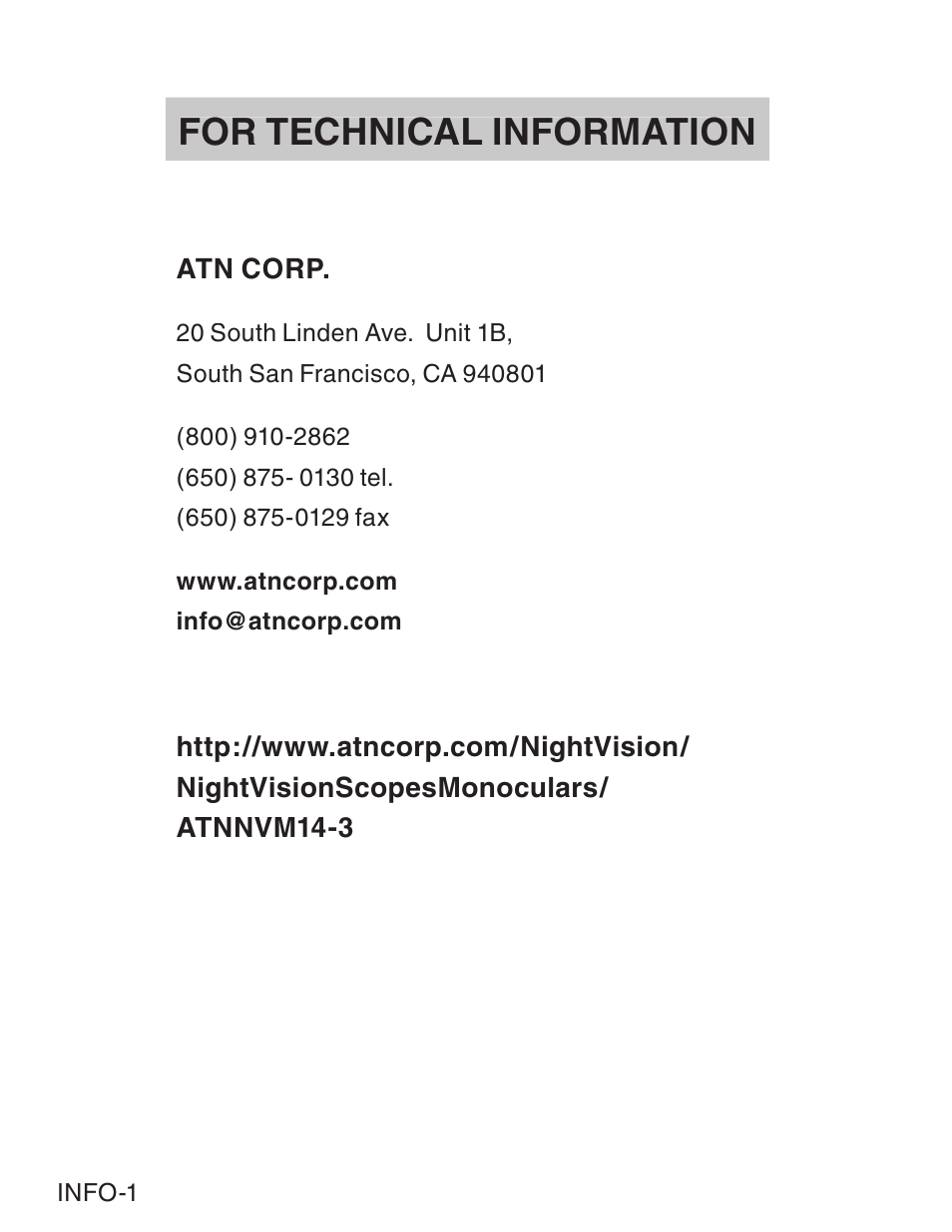 For technical information | ATN NVM14 User Manual | Page 60 / 62