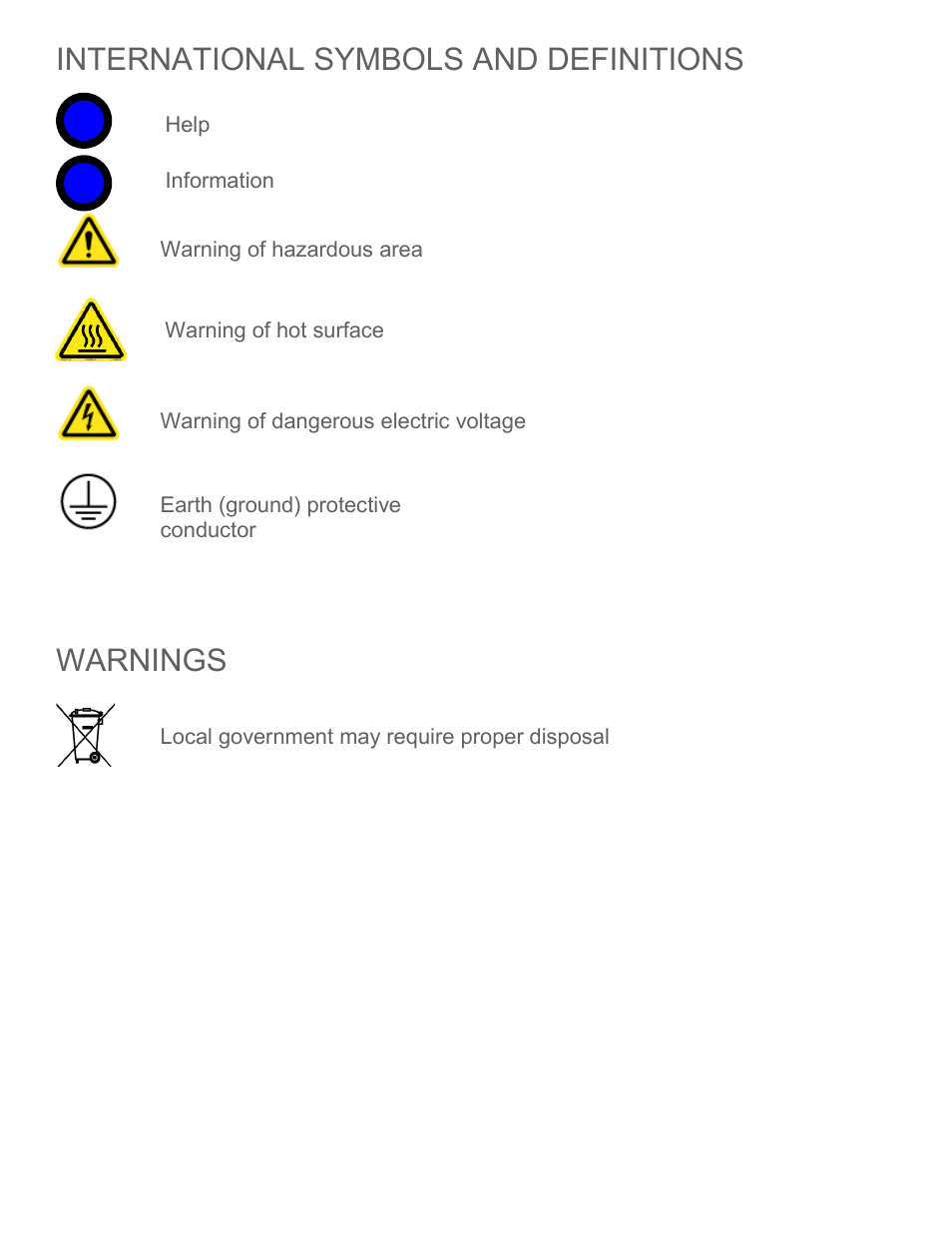 International symbols and definitions, Warnings | Caron 7304 User Manual | Page 7 / 80