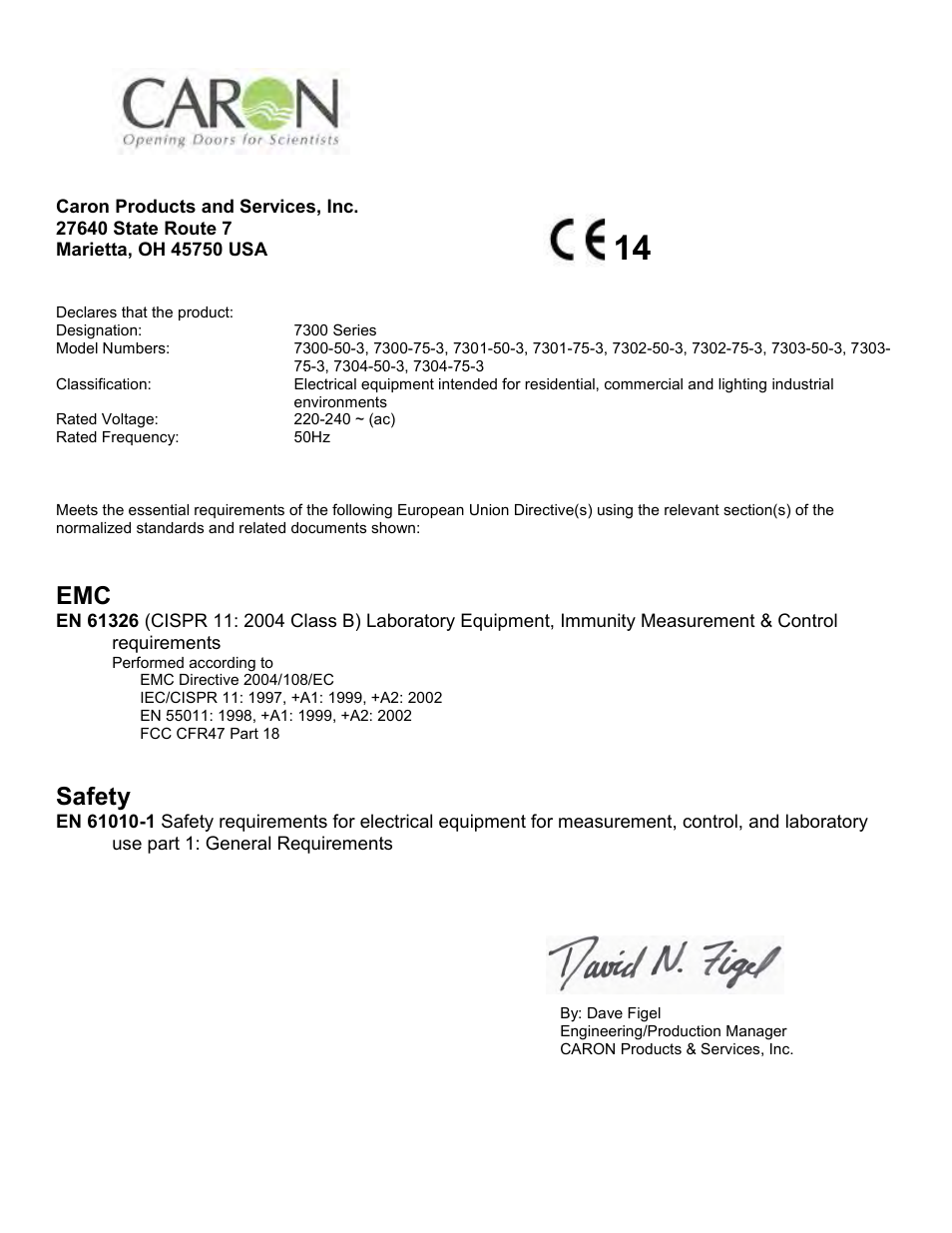 Declaration of conformity, Safety | Caron 7304 User Manual | Page 80 / 80