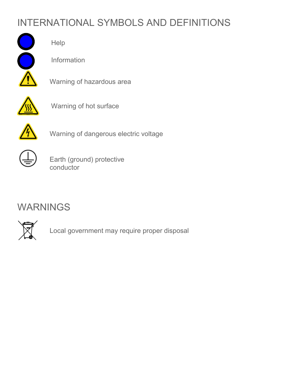 International symbols and definitions, Warnings | Caron 6342 User Manual | Page 9 / 61