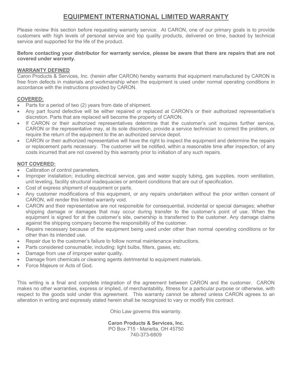 Equipment international limited warranty | Caron 7000-75 User Manual | Page 6 / 71