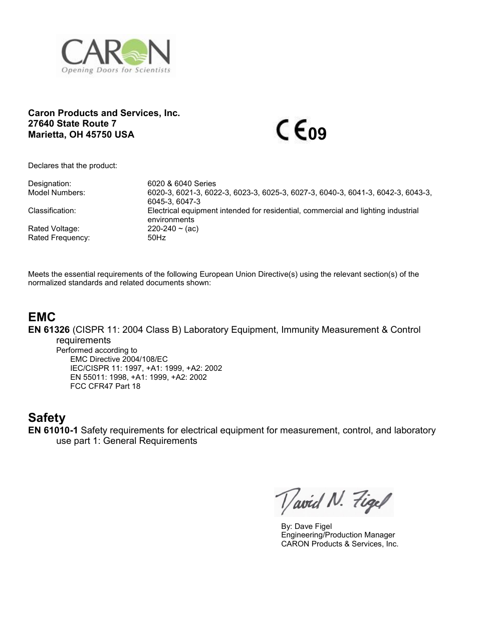 Declaration of conformity, Safety | Caron 6047 User Manual | Page 66 / 66